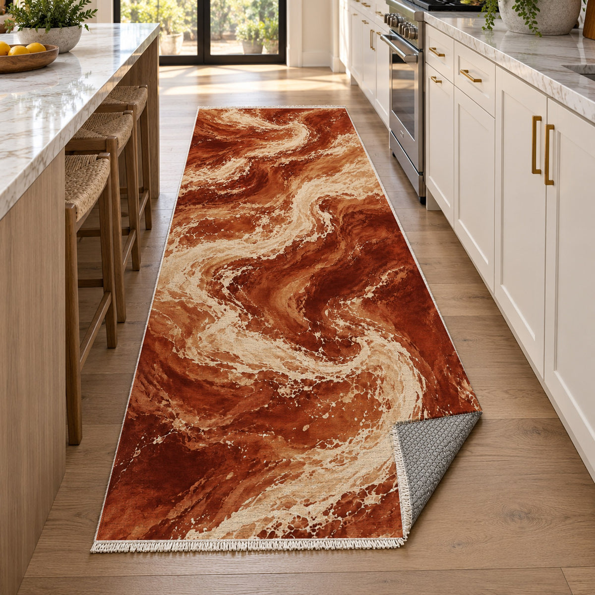 Foam Trails Terracotta Abstract Washable Rug — new york kitchen runner