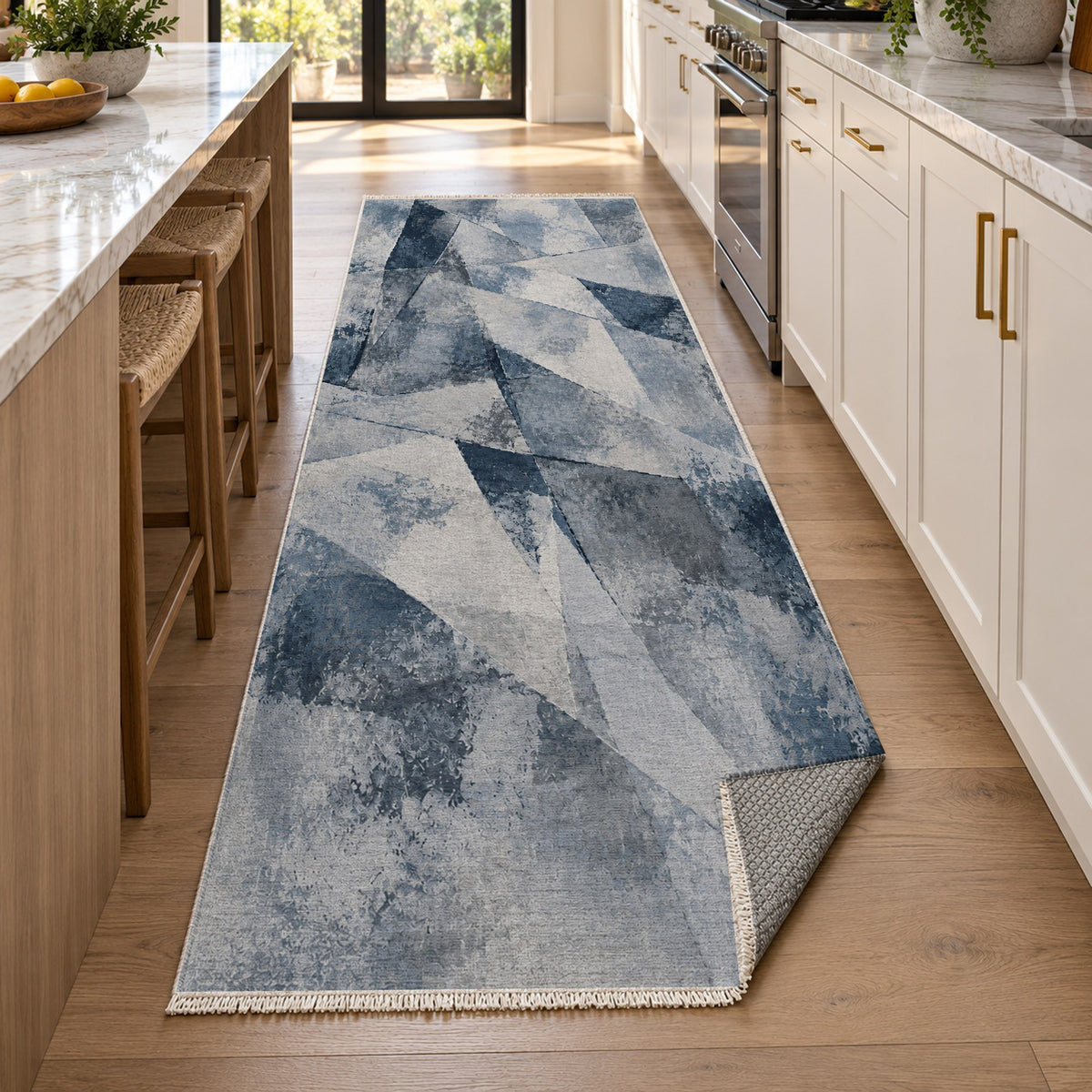 Fractured Light Blue Grey Abstract Washable Rug — new york kitchen runner