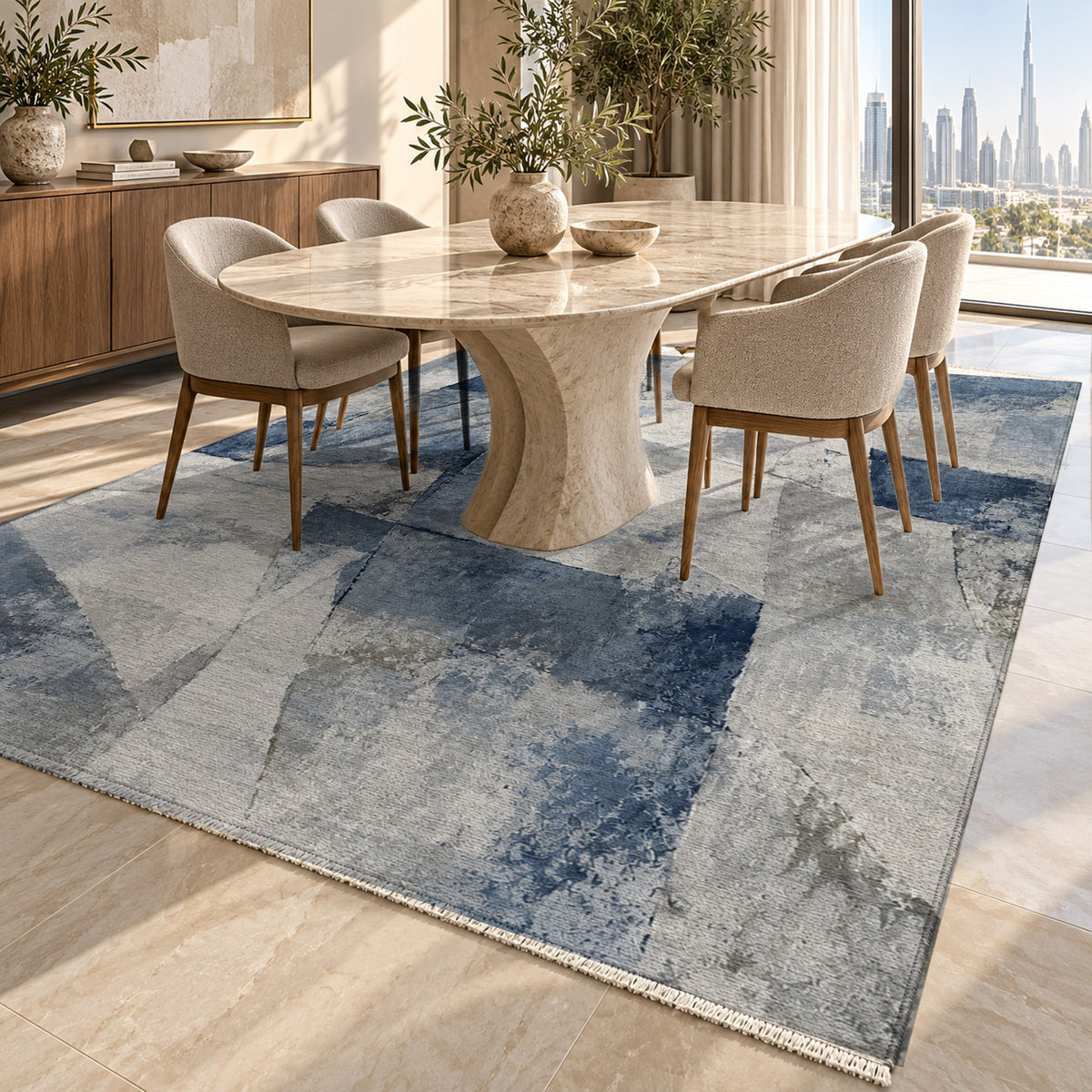 Fractured Light Blue Grey Abstract Washable Rug — dubai dining