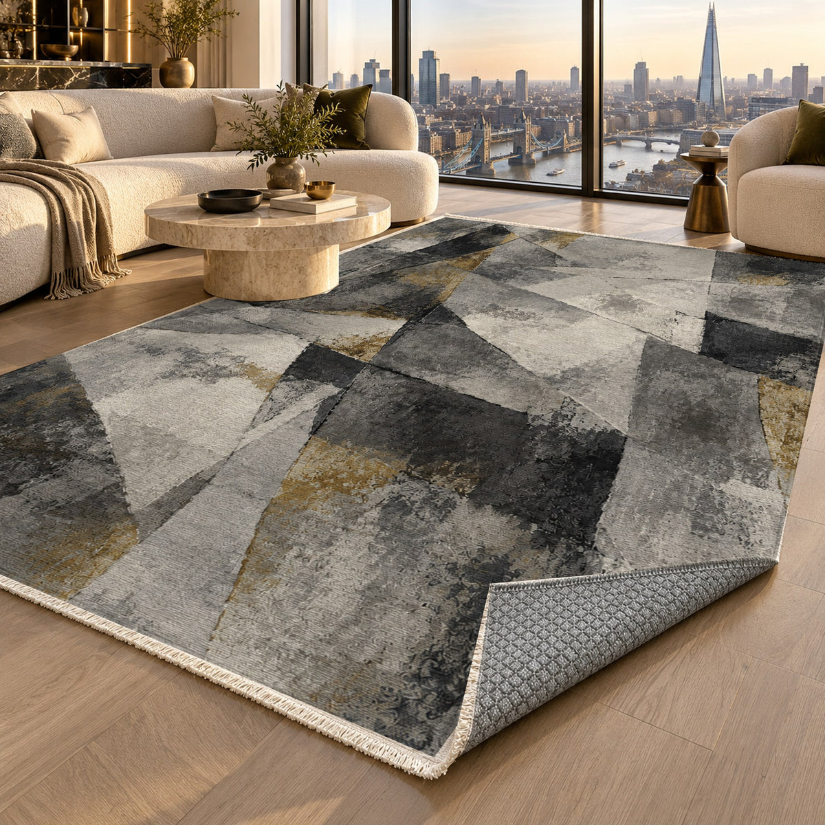 Fractured Light Charcoal Gold Abstract Washable Rug — london luxury living