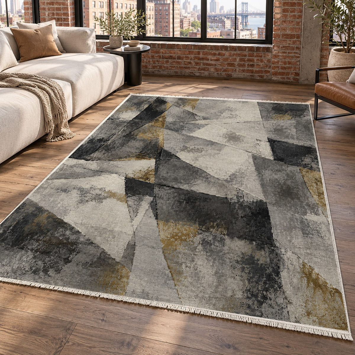 Fractured Light Charcoal Gold Abstract Washable Rug — new york living