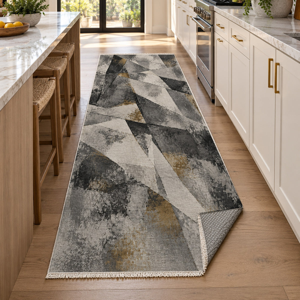 Fractured Light Charcoal Gold Abstract Washable Rug — new york kitchen runner