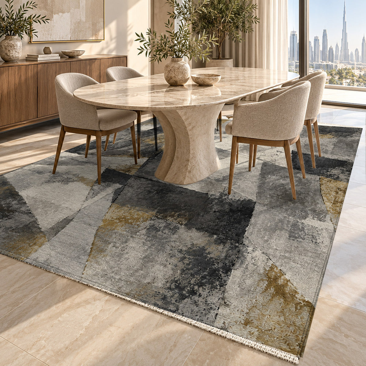 Fractured Light Charcoal Gold Abstract Washable Rug — dubai dining