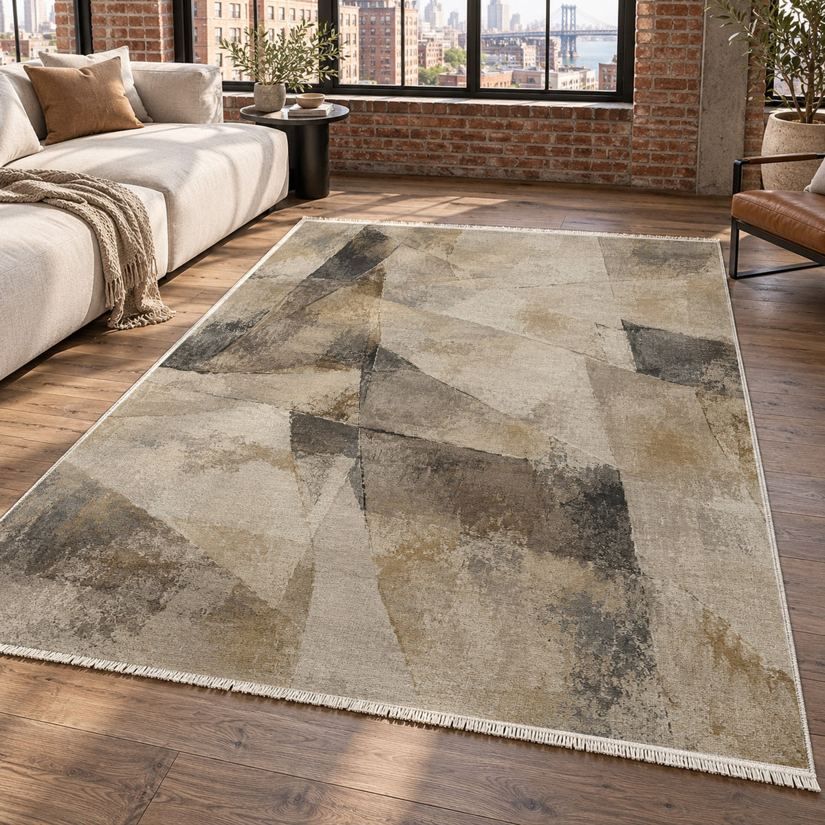 Fractured Light Ivory Taupe Abstract Washable Rug — new york living