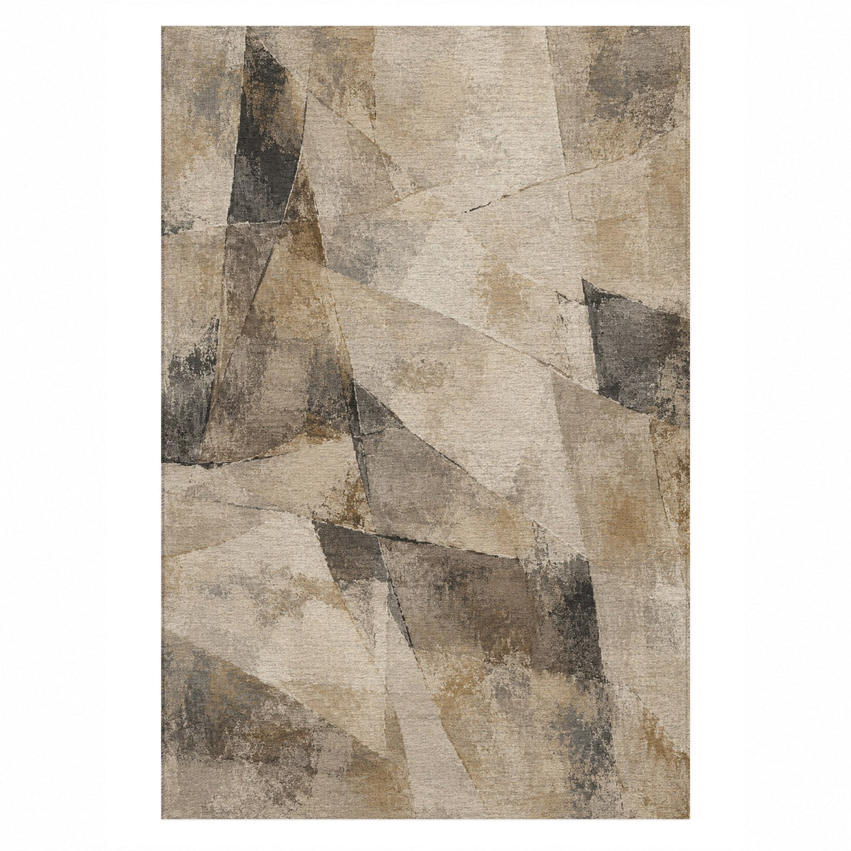 Fractured Light Ivory Taupe Abstract Washable Rug — top view