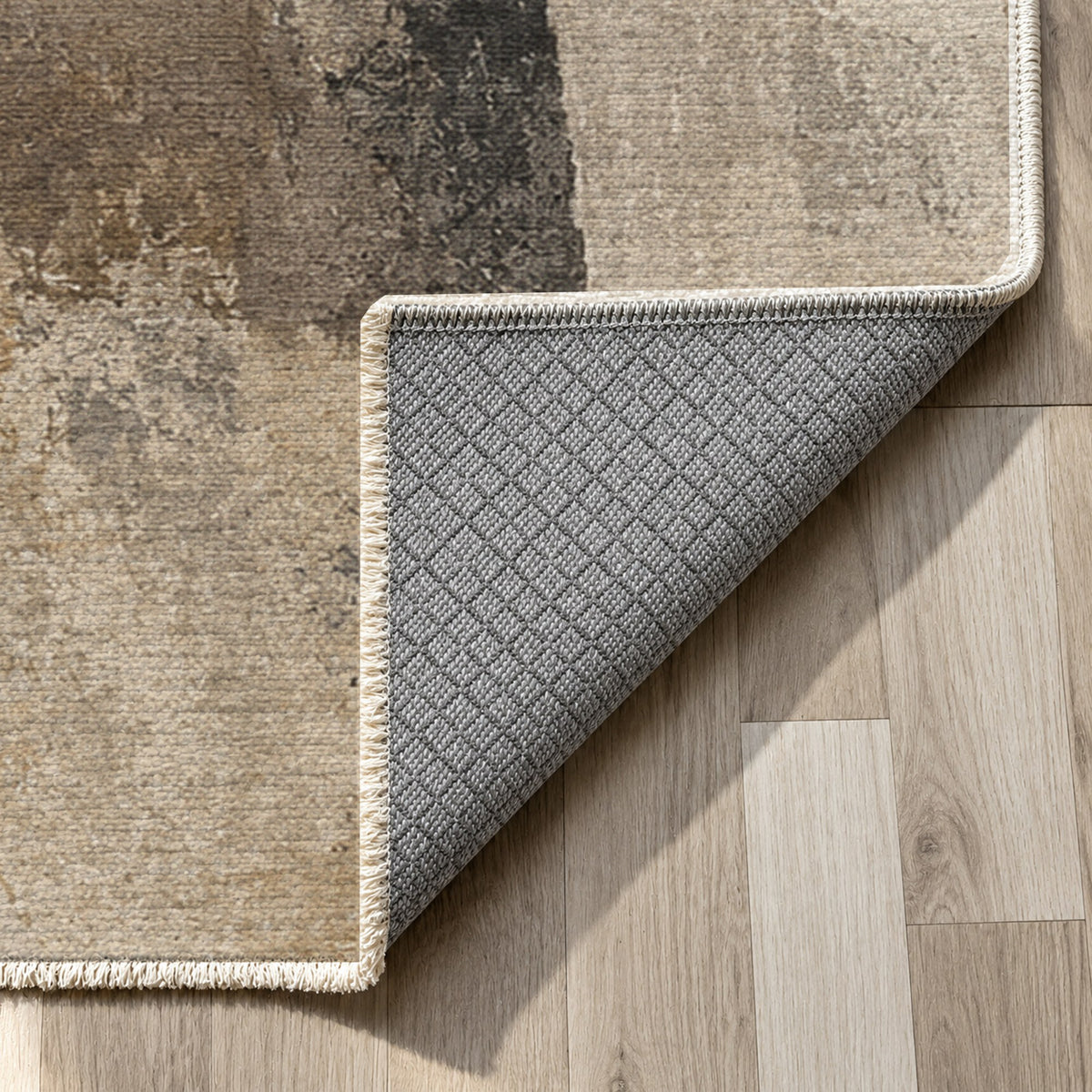 Fractured Light Ivory Taupe Abstract Washable Rug — backing close up