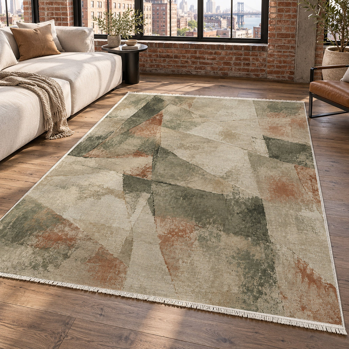Fractured Light Sage Clay Abstract Washable Rug — new york living