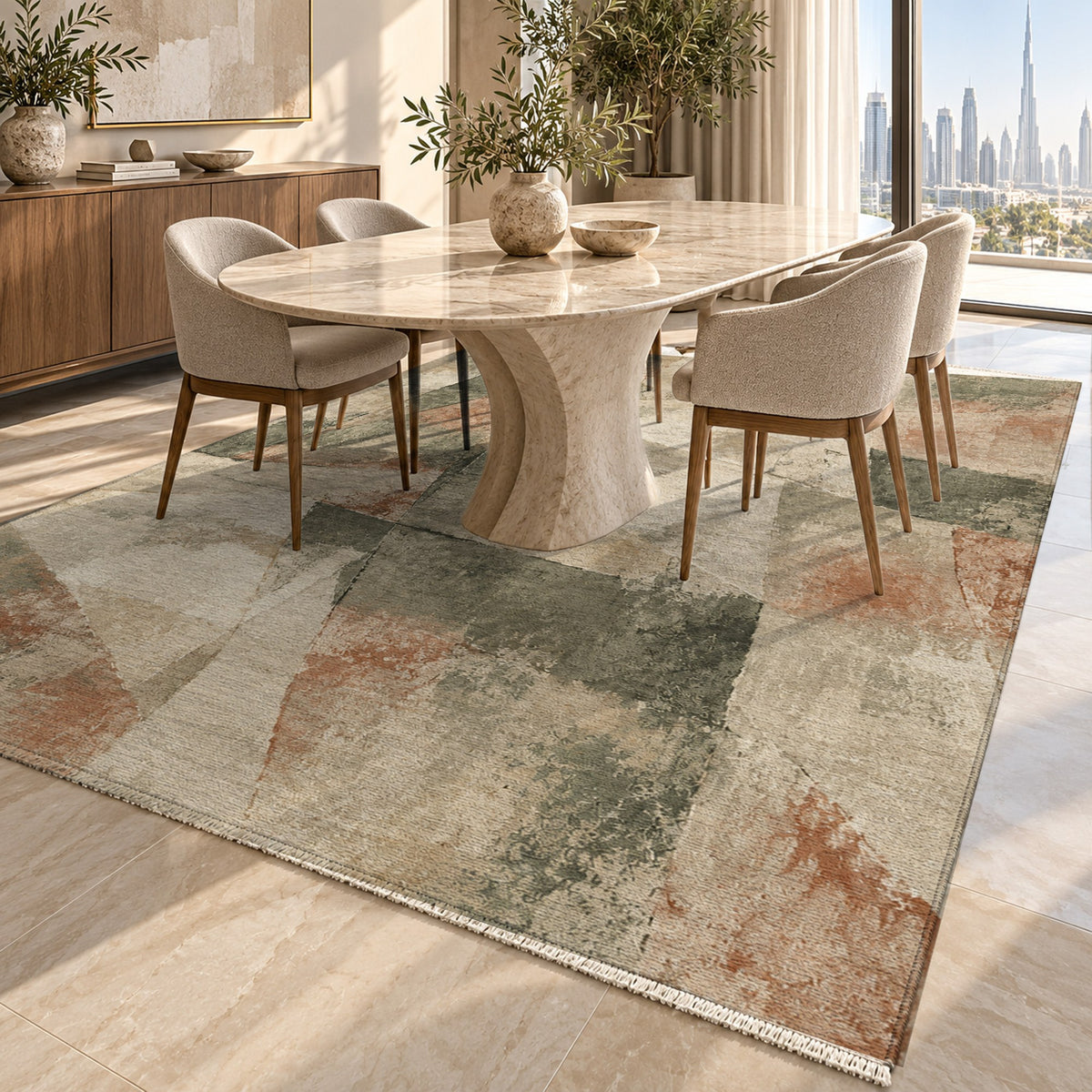 Fractured Light Sage Clay Abstract Washable Rug — dubai dining