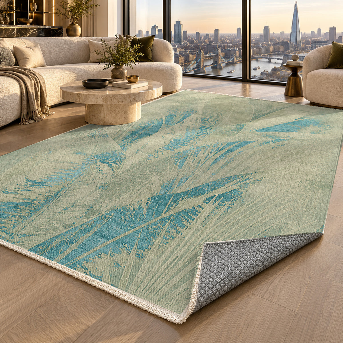 Frond Aqua Abstract Washable Rug — london luxury living