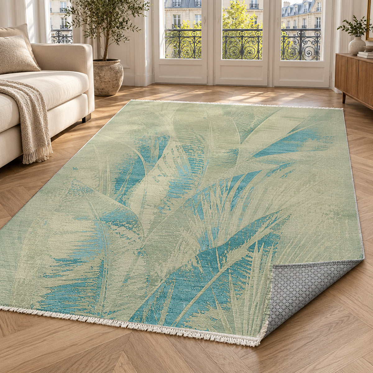 Frond Aqua Abstract Washable Rug — paris living