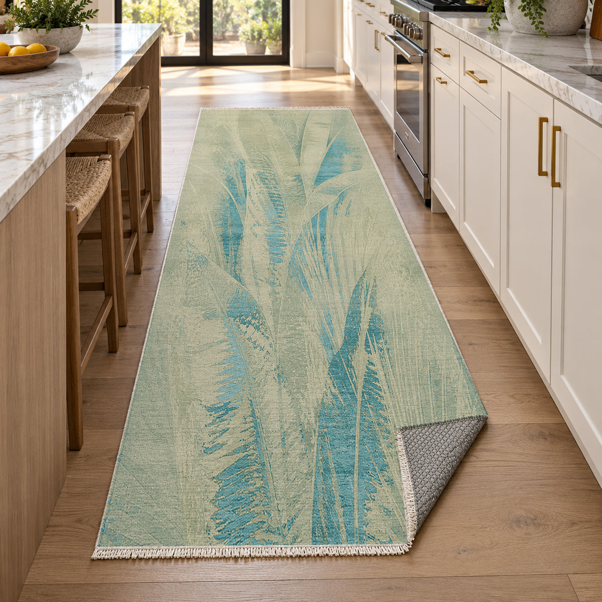 Frond Aqua Abstract Washable Rug — new york kitchen runner