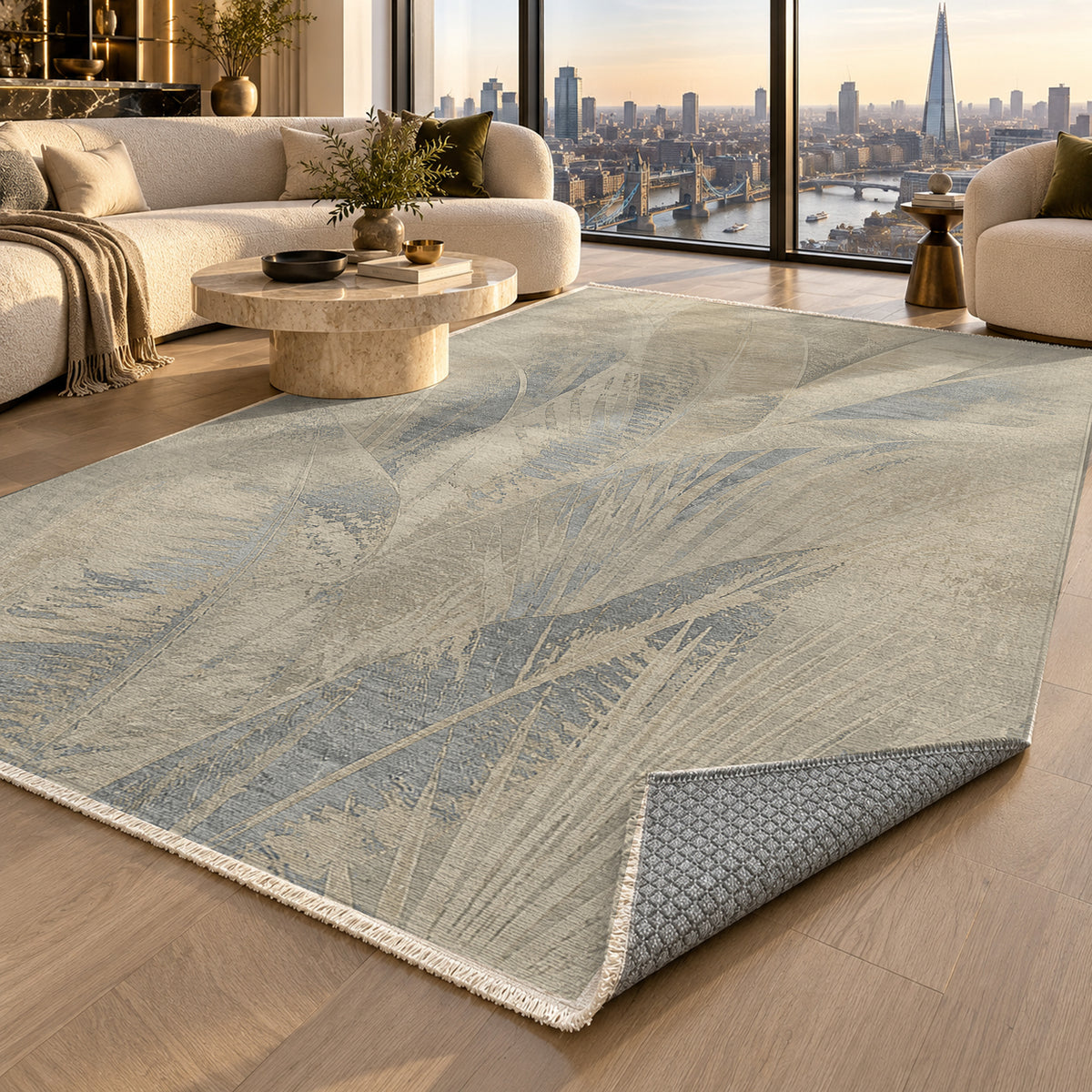 Frond Stone Abstract Washable Rug — london luxury living