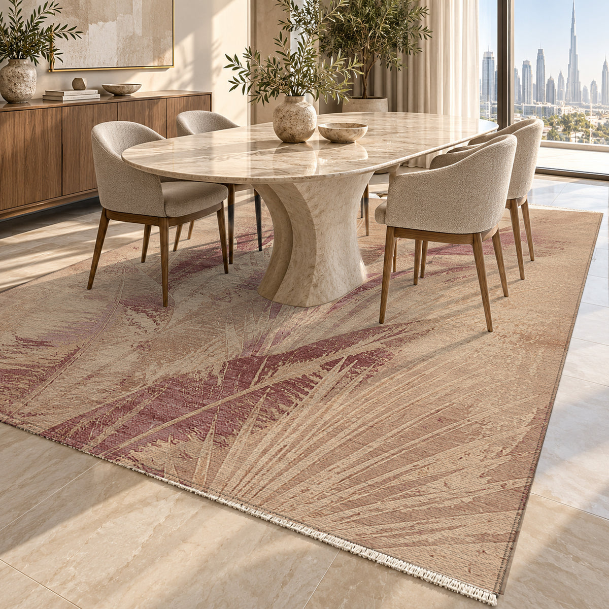 Frond Terracotta Abstract Washable Rug — dubai dining