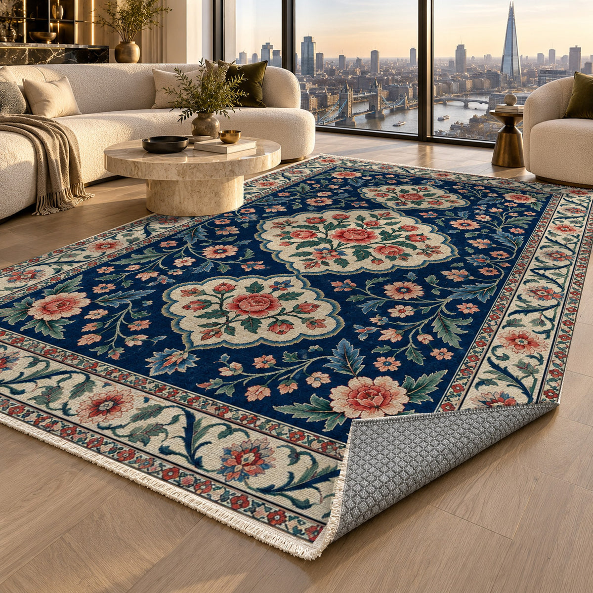 Garden Cartouches Indigo Rose Ethnic Washable Rug — london luxury living