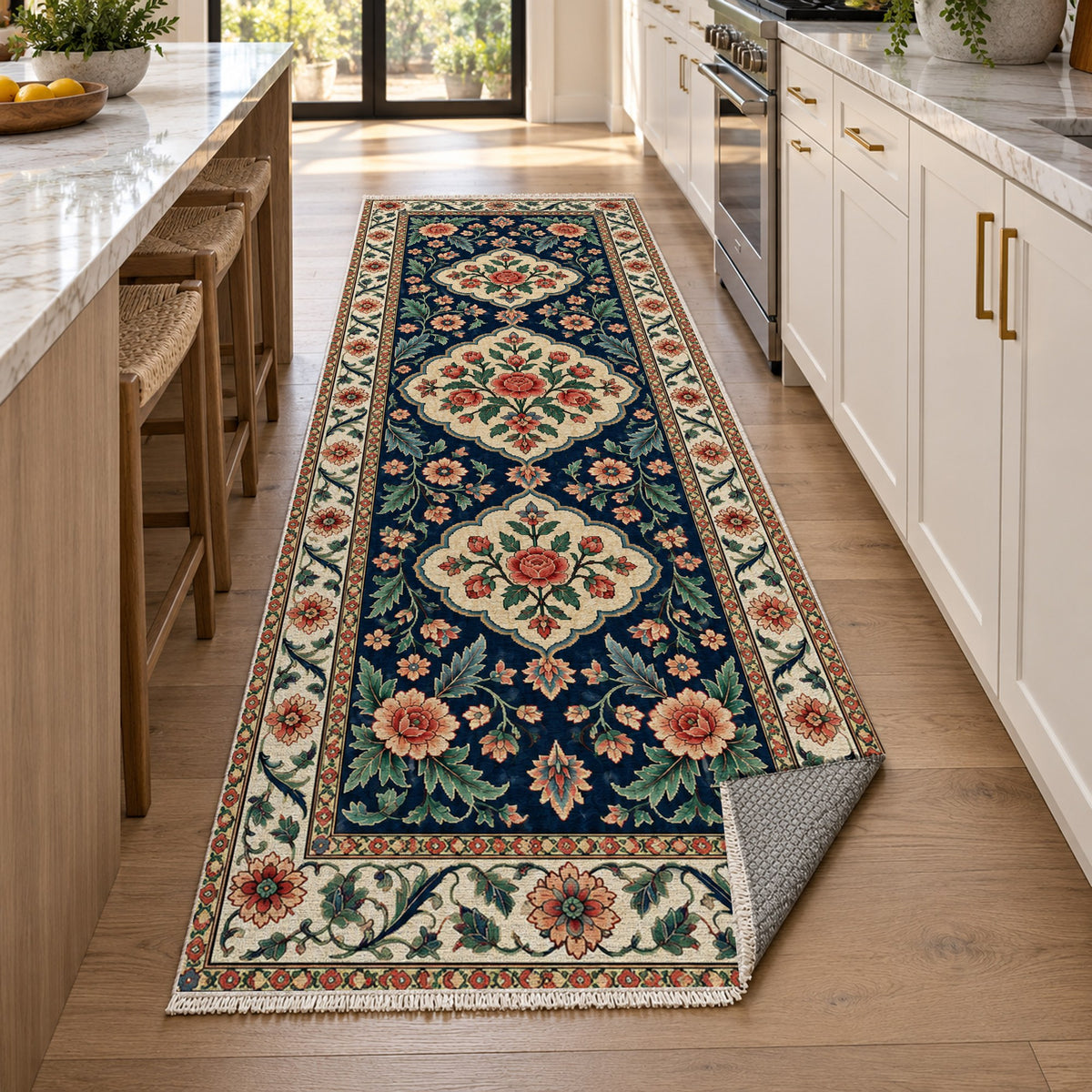 Garden Cartouches Indigo Rose Ethnic Washable Rug — new york kitchen runner
