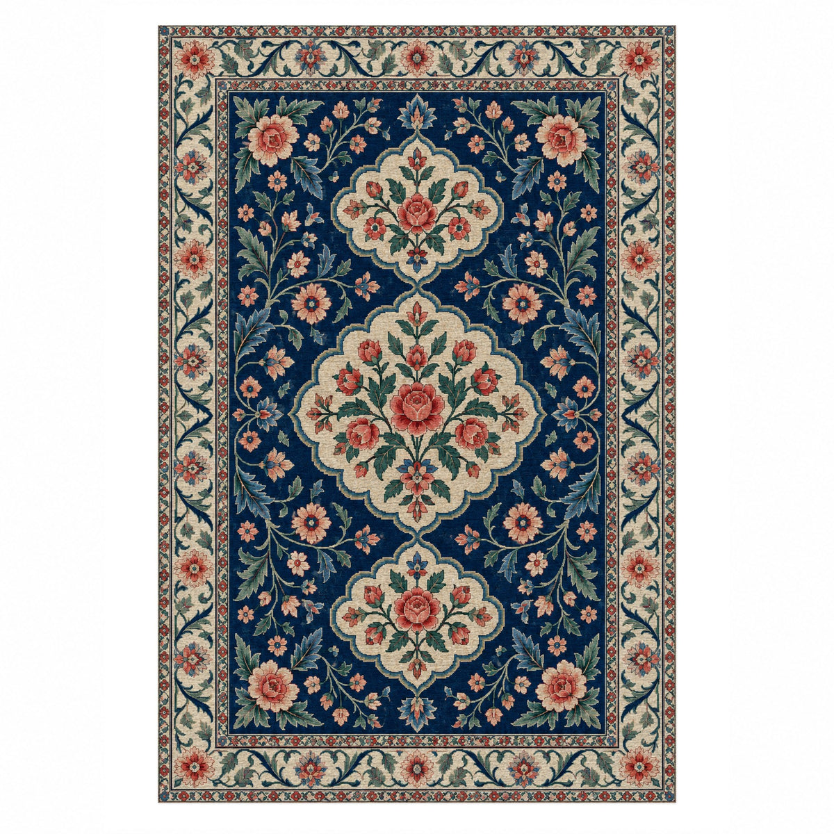 Garden Cartouches Indigo Rose Ethnic Washable Rug — top view