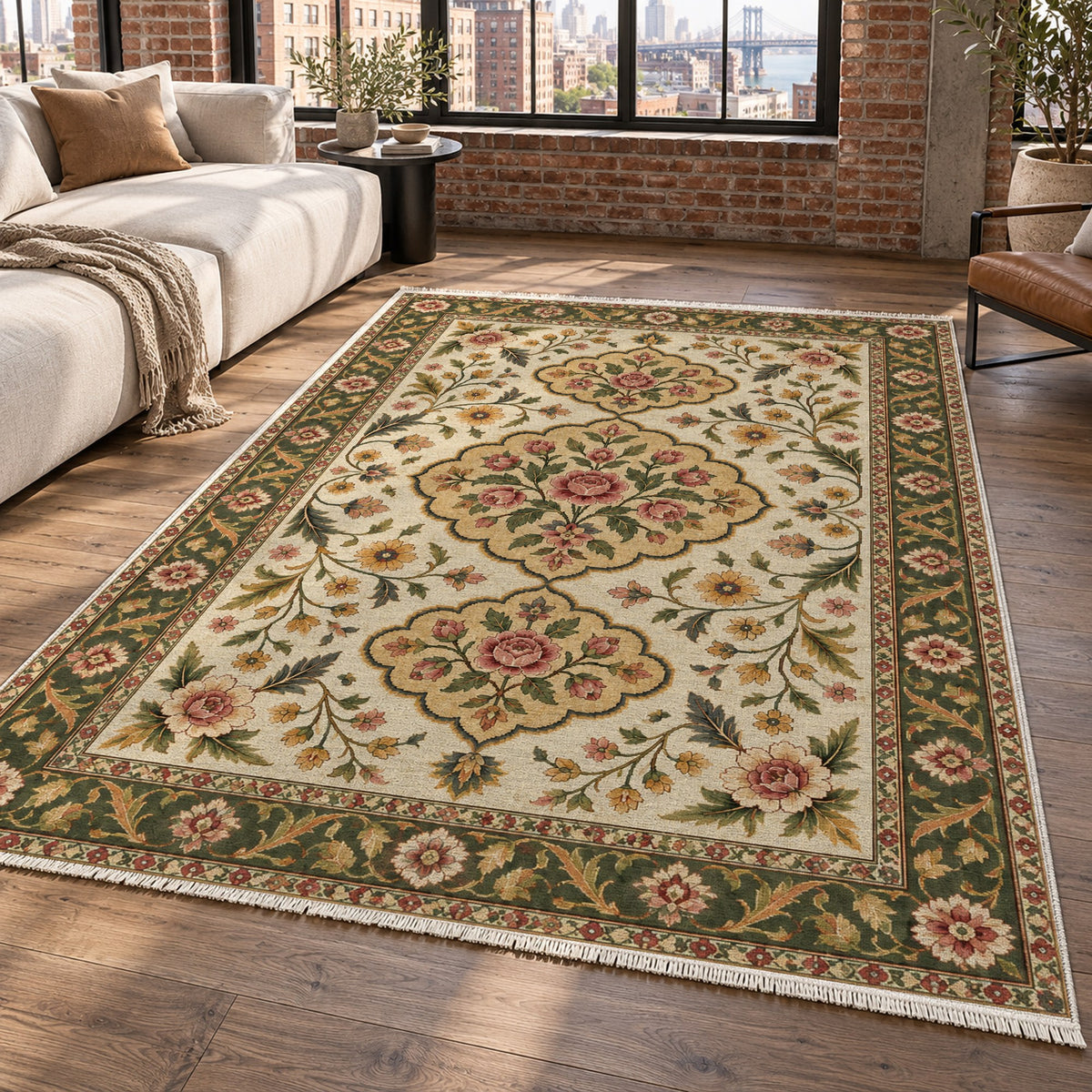 Garden Cartouches Ivory Olive Ethnic Washable Rug — new york living