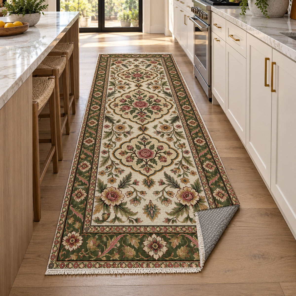 Garden Cartouches Ivory Olive Ethnic Washable Rug — new york kitchen runner