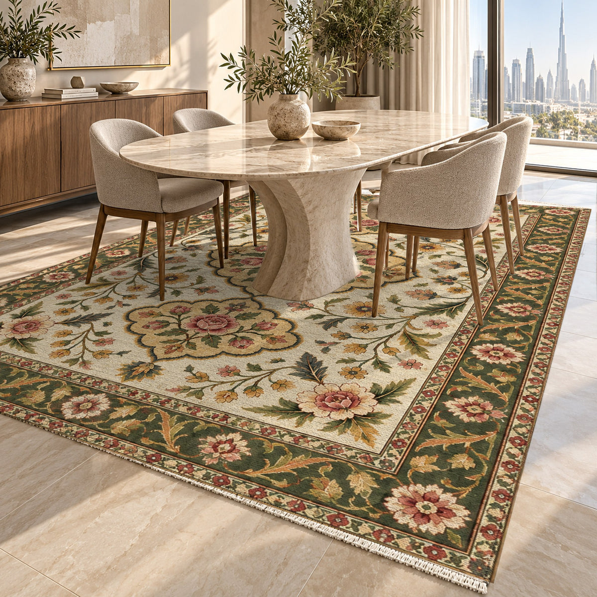 Garden Cartouches Ivory Olive Ethnic Washable Rug — dubai dining