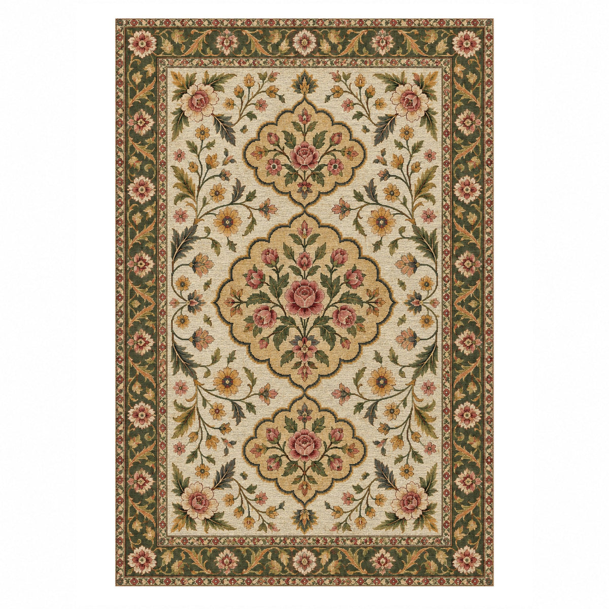 Garden Cartouches Ivory Olive Ethnic Washable Rug — top view