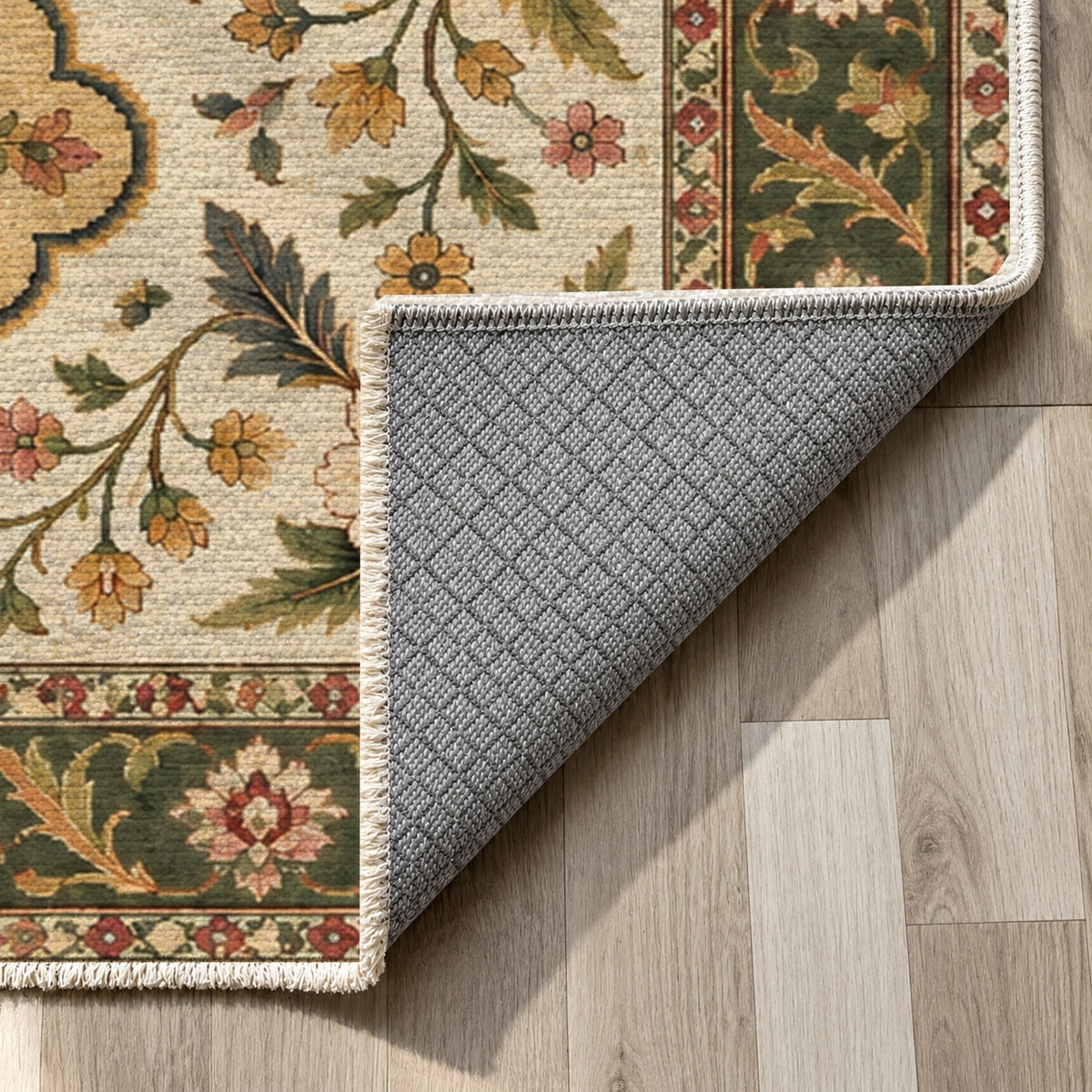 Garden Cartouches Ivory Olive Ethnic Washable Rug — backing close up