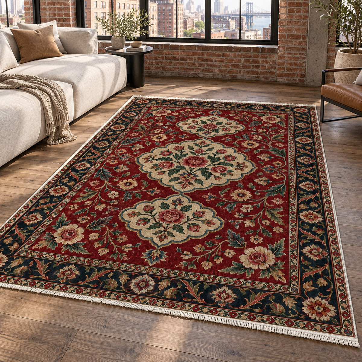 Garden Cartouches Ruby Midnight Ethnic Washable Rug — new york living