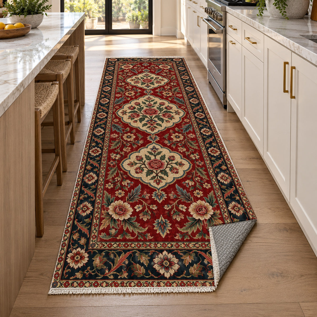 Garden Cartouches Ruby Midnight Ethnic Washable Rug — new york kitchen runner