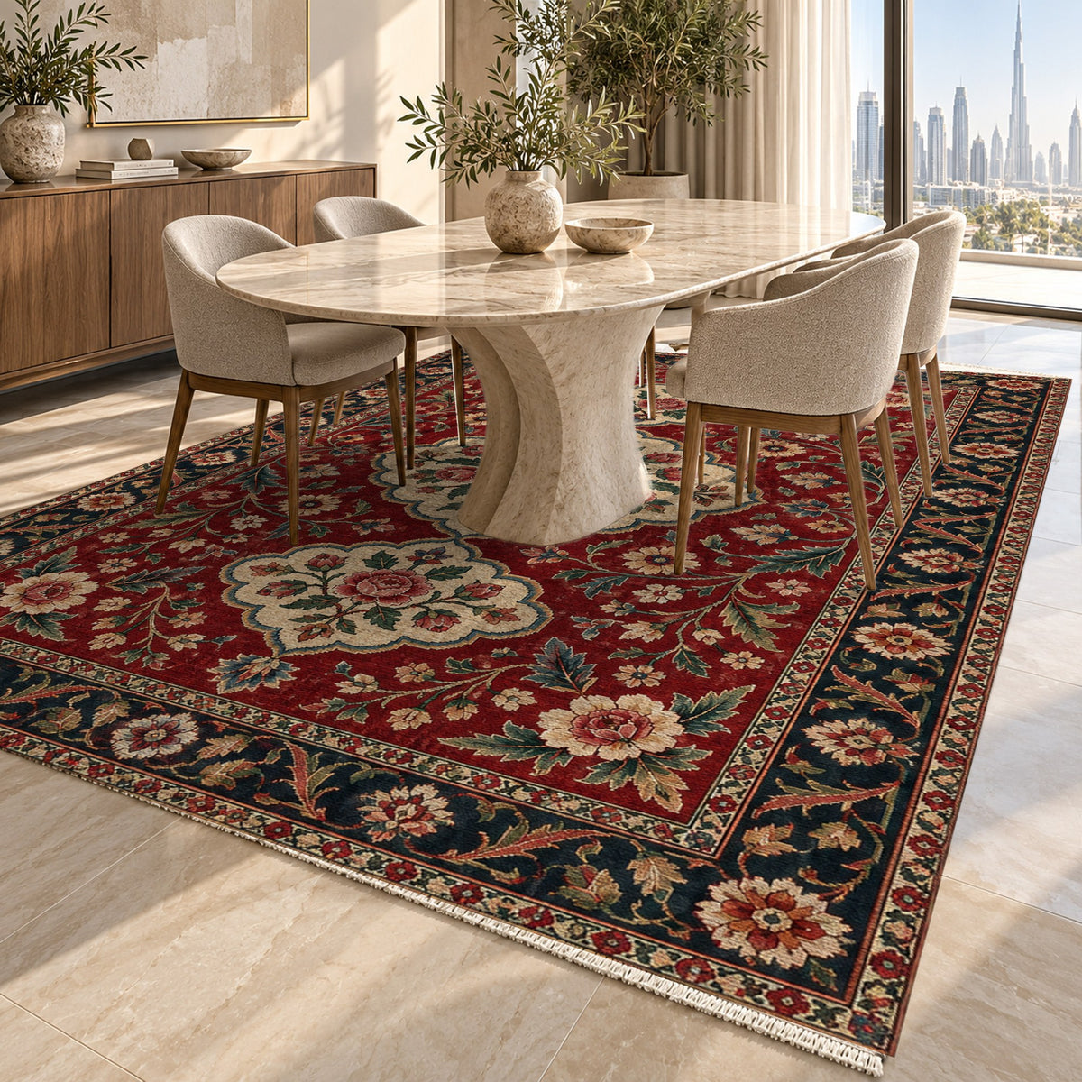 Garden Cartouches Ruby Midnight Ethnic Washable Rug — dubai dining