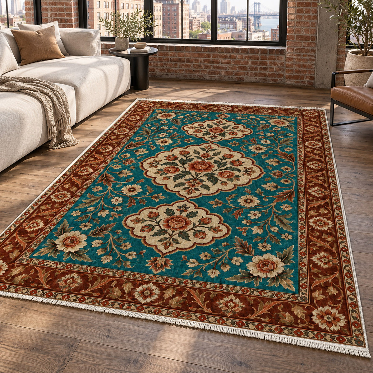Garden Cartouches Turquoise Copper Ethnic Washable Rug — new york living