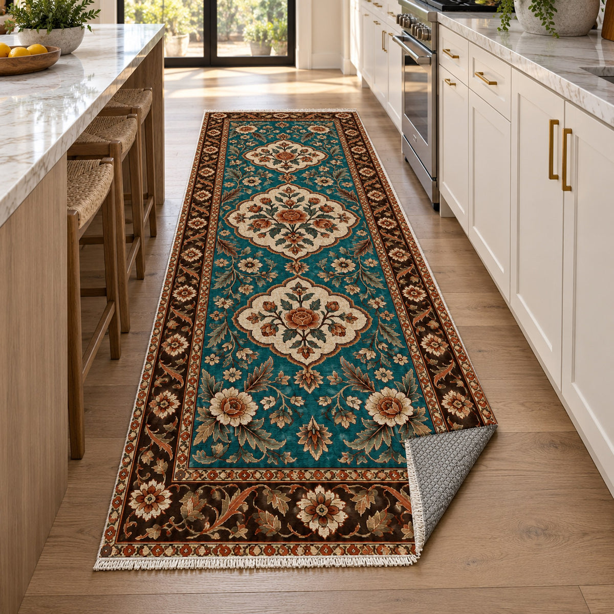 Garden Cartouches Turquoise Copper Ethnic Washable Rug — new york kitchen runner