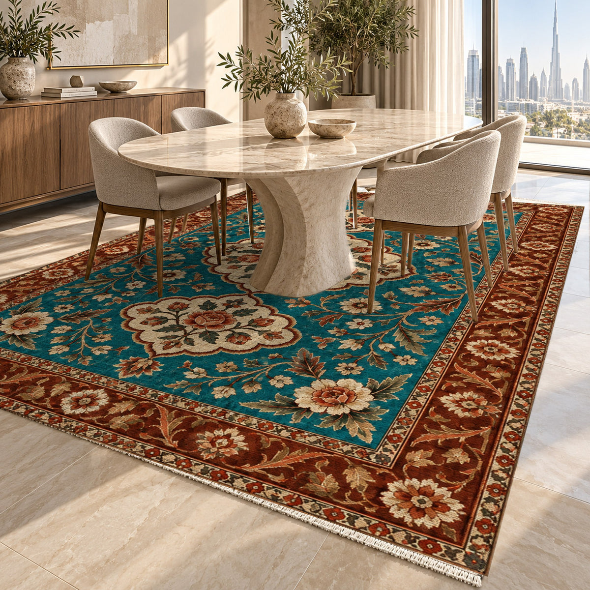 Garden Cartouches Turquoise Copper Ethnic Washable Rug — dubai dining