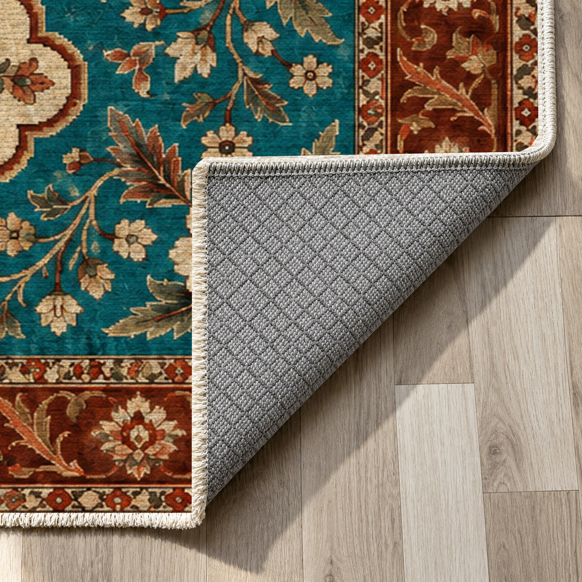 Garden Cartouches Turquoise Copper Ethnic Washable Rug — backing close up