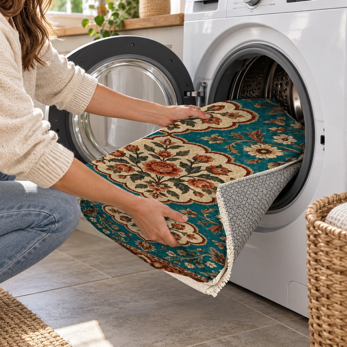 Garden Cartouches Turquoise Copper Ethnic Washable Rug — washing machine