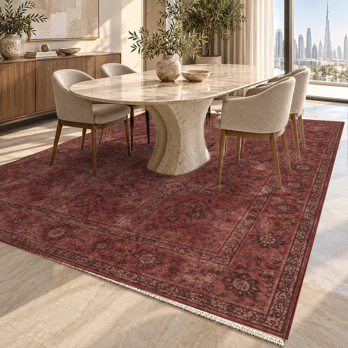 Garden Palimpsest Burgundy Red Vintage Washable Rug — dubai dining