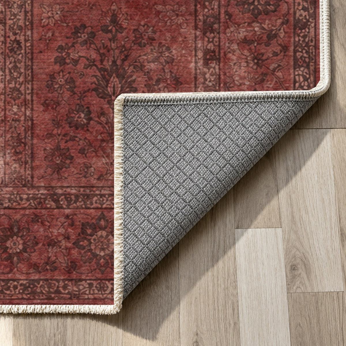 Garden Palimpsest Burgundy Red Vintage Washable Rug — backing close up
