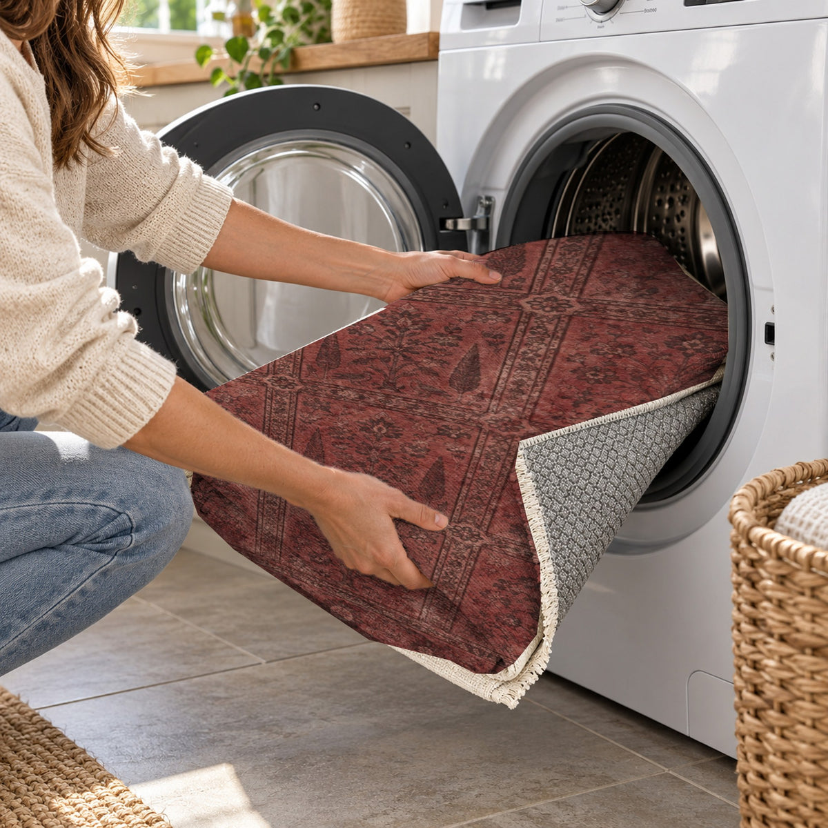 Garden Palimpsest Burgundy Red Vintage Washable Rug — washing machine