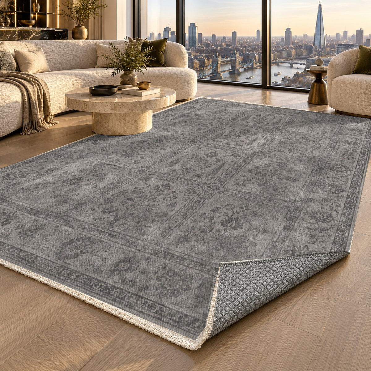 Garden Palimpsest Charcoal Silver Vintage Washable Rug — london luxury living
