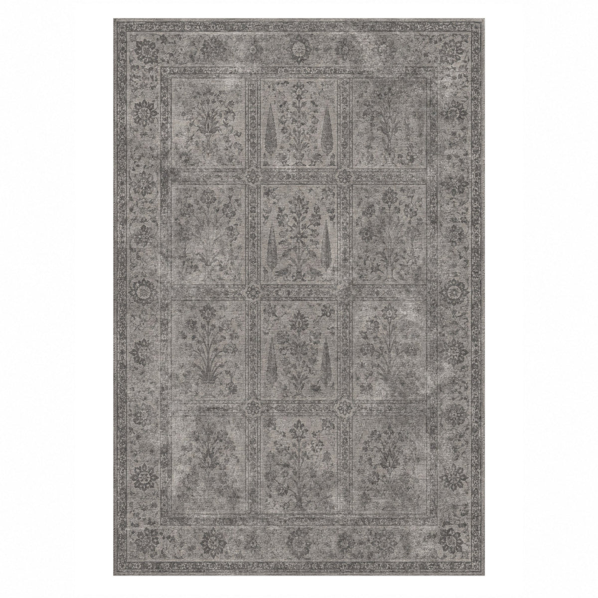 Garden Palimpsest Charcoal Silver Vintage Washable Rug — top view