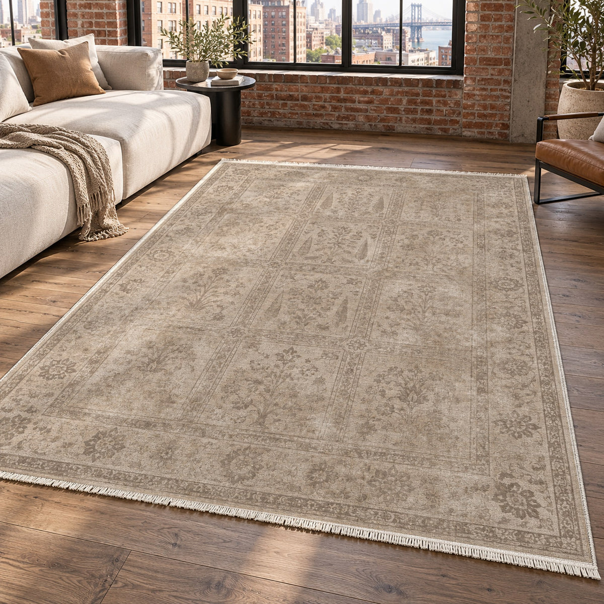 Garden Palimpsest Ivory Taupe Vintage Washable Rug — new york living