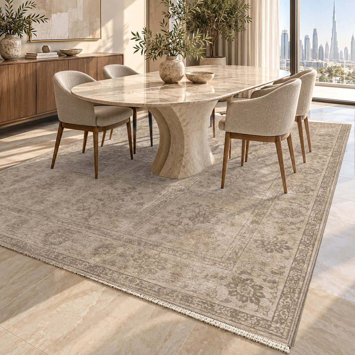 Garden Palimpsest Ivory Taupe Vintage Washable Rug — dubai dining