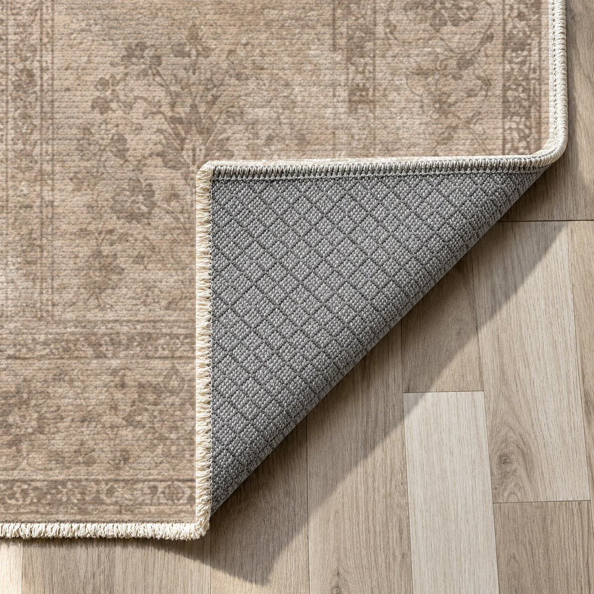 Garden Palimpsest Ivory Taupe Vintage Washable Rug — backing close up