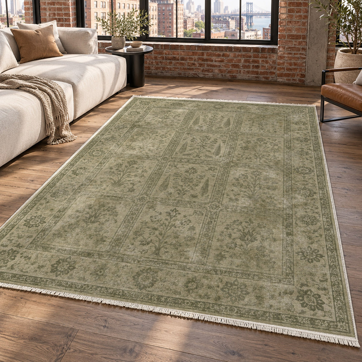 Garden Palimpsest Olive Green Vintage Washable Rug — new york living