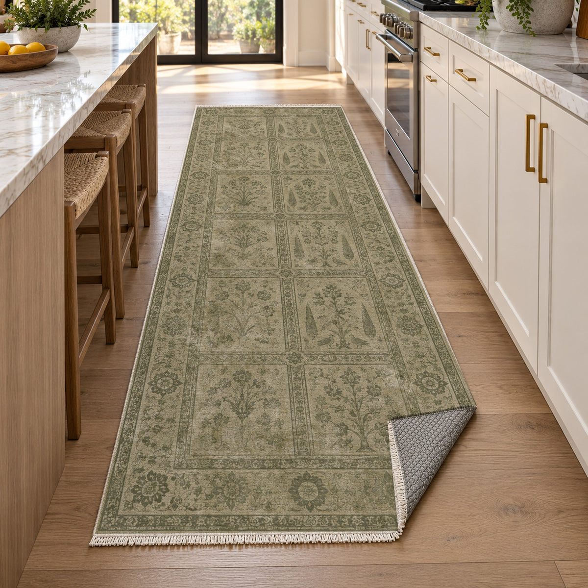 Garden Palimpsest Olive Green Vintage Washable Rug — new york kitchen runner