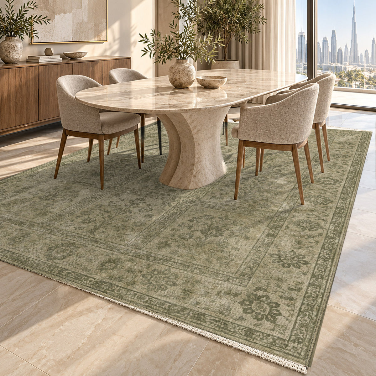 Garden Palimpsest Olive Green Vintage Washable Rug — dubai dining