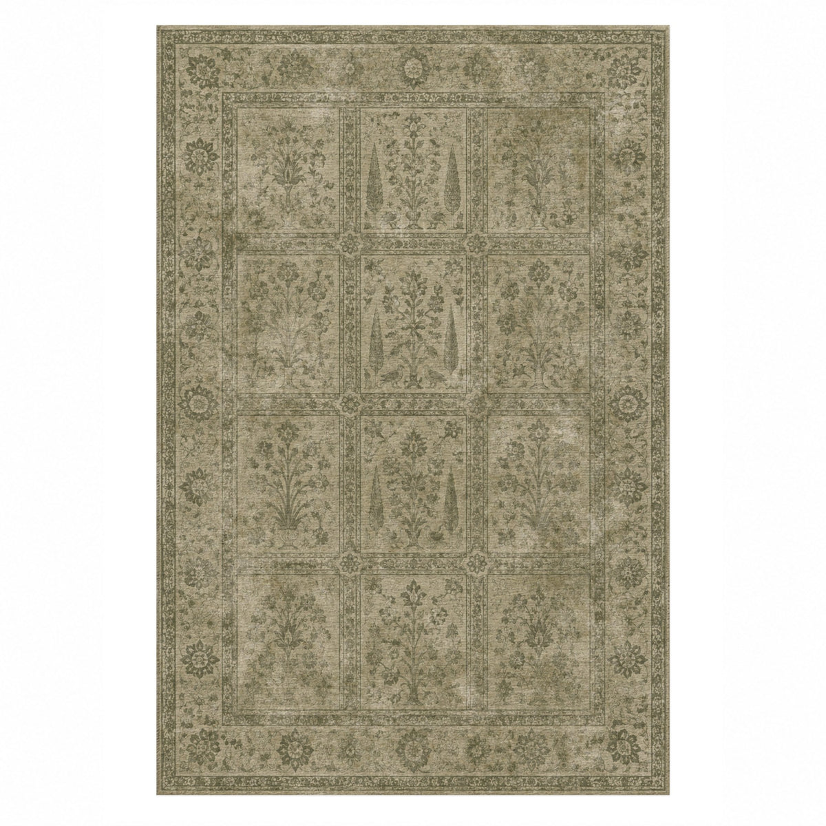 Garden Palimpsest Olive Green Vintage Washable Rug — top view