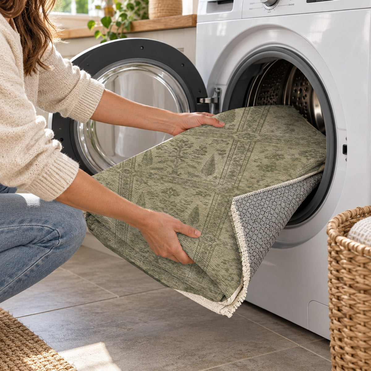 Garden Palimpsest Olive Green Vintage Washable Rug — washing machine