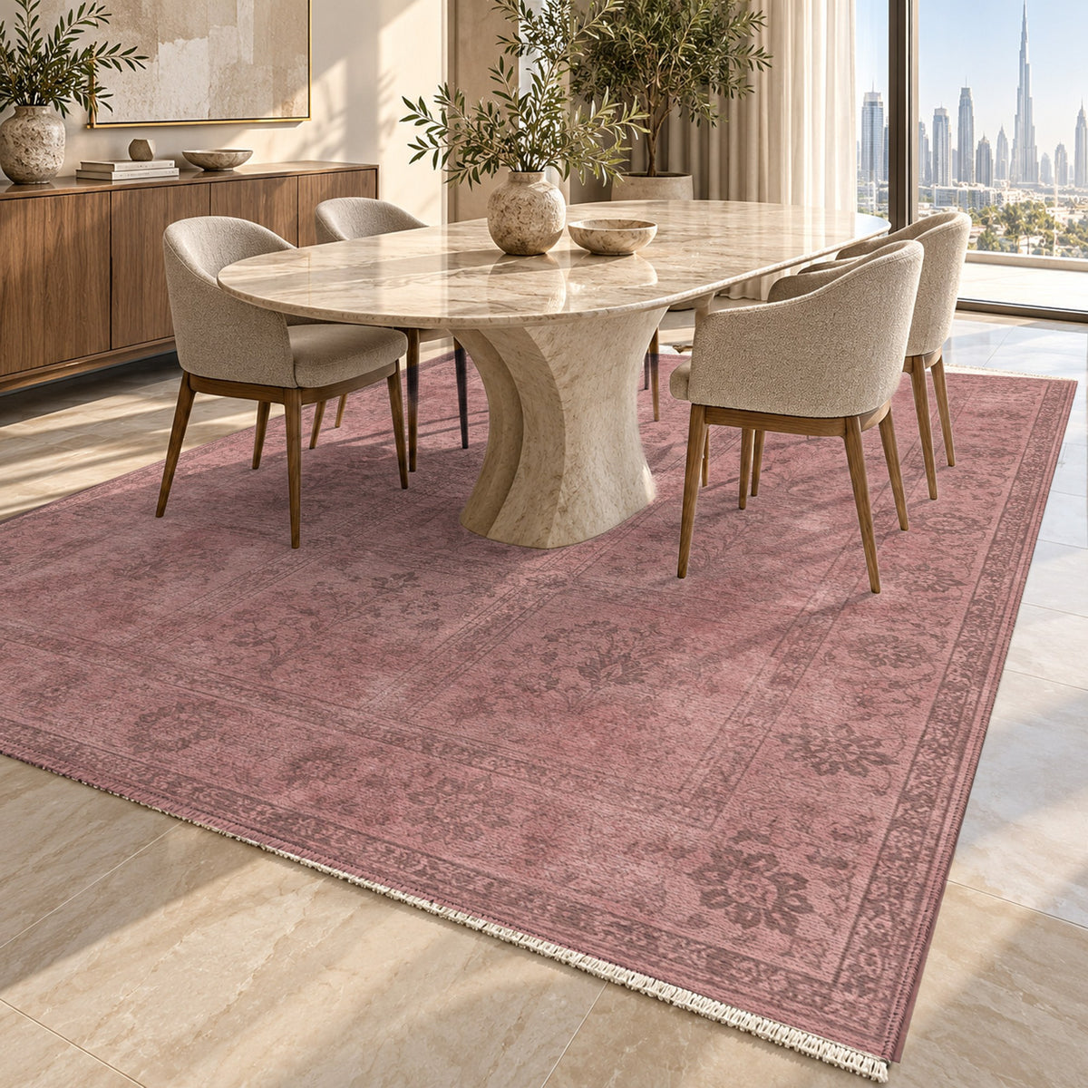 Garden Palimpsest Rose Pink Vintage Washable Rug — dubai dining