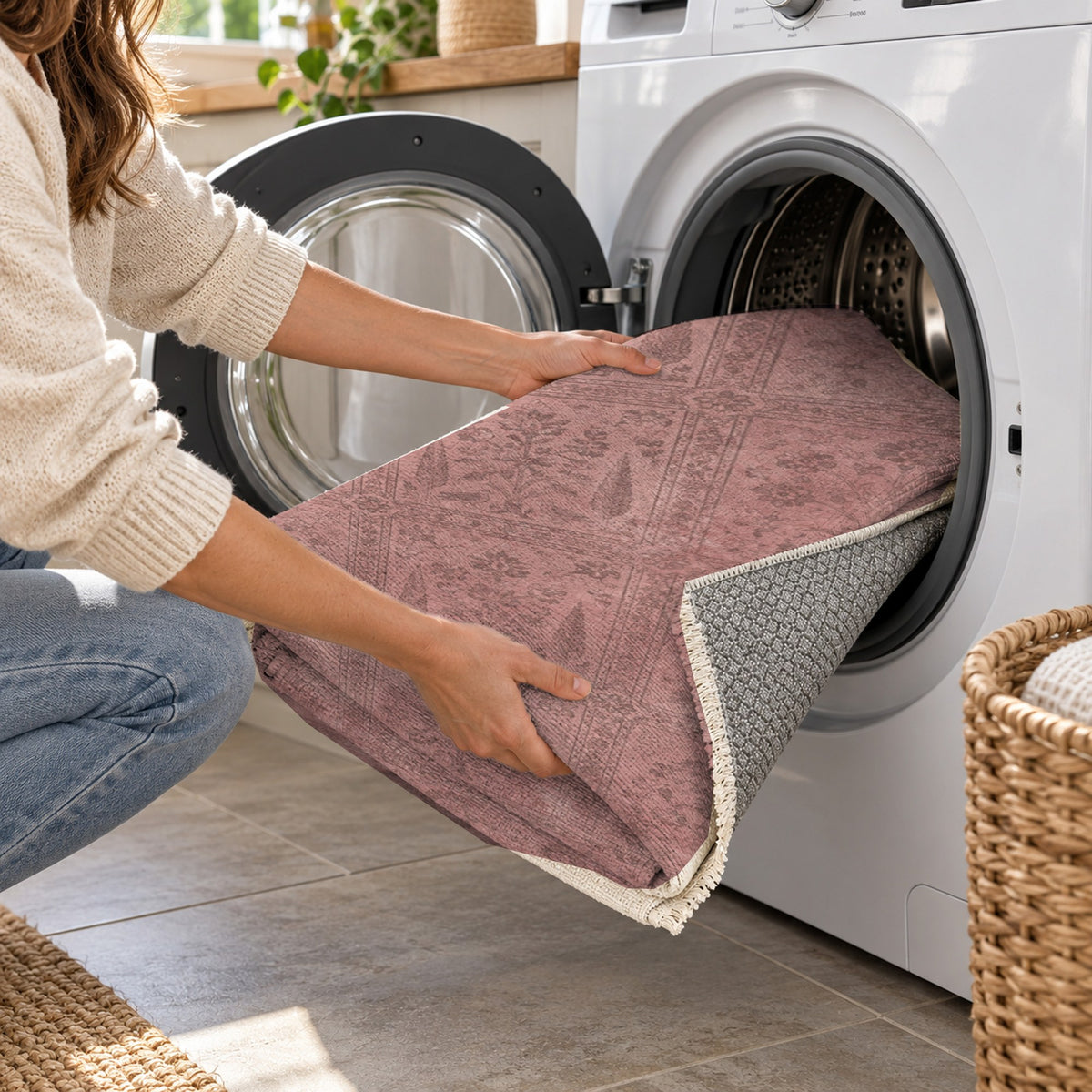 Garden Palimpsest Rose Pink Vintage Washable Rug — washing machine