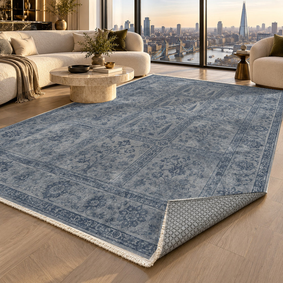 Garden Palimpsest Slate Blue Vintage Washable Rug — london luxury living