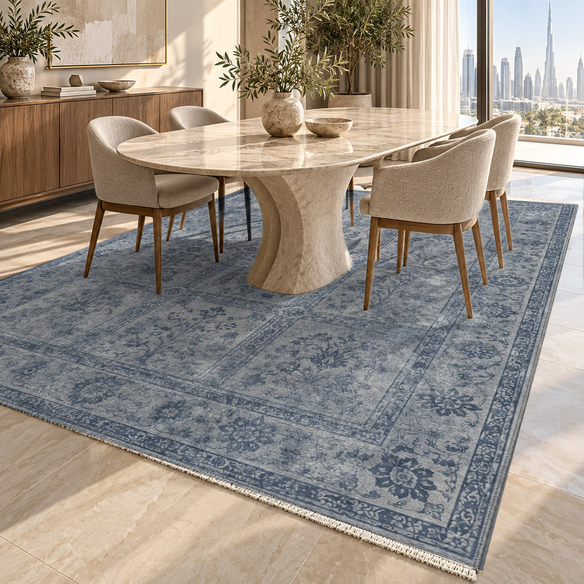 Garden Palimpsest Slate Blue Vintage Washable Rug — dubai dining